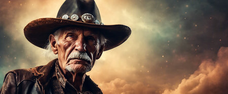 Old cowboy. Elderly man wearing a cowboy hat. Heroic image of a man. Blank space. Fictional plot. AI generatedの素材