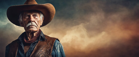 Old cowboy. An elderly man in a cowboy hat. Heroic image of a man. Empty space. Fictional plot. AI generatedの素材