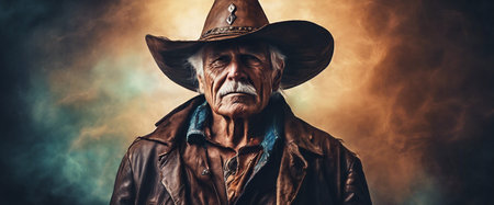 Old cowboy. An elderly man in a cowboy hat. Heroic, stern image of a man. Dramatic fictional story. AI generatedの素材