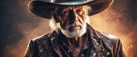 Old cowboy. An elderly man in a cowboy hat. Heroic image of a man. Dramatic fictional plot. AI generatedの素材