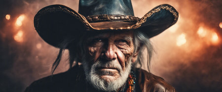 Old cowboy. Elderly man wearing a cowboy hat. Heroic image of a man close-up. Gray hair. Dramatic fictional story. AI generatedの素材