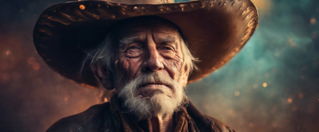 Old cowboy. An elderly man in a cowboy hat. Heroic image of a man close-up. Gray hair. Dramatic fictional story. AI generatedの素材