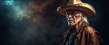 Old cowboy. Close-up of an elderly man wearing a cowboy hat. Heroic image of a man. Space for copies. Fictional plot. AI generatedの素材