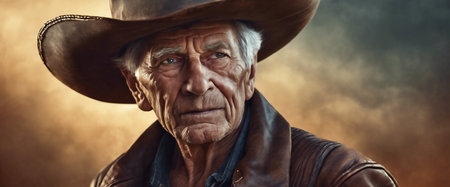 Old cowboy. Elderly man wearing a cowboy hat. Heroic image of a gray-haired man close-up. Gray bear. Dramatic fictional plot. AI generatedの素材