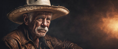 Old cowboy. An elderly man in a cowboy hat. Heroic image of a man. Copy space. Fictional plot. AI generatedの素材