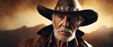 Old cowboy. An elderly man in a cowboy hat. Heroic image of a gray-haired man close-up. Gray bear. Dramatic fictional story. AI generatedの素材