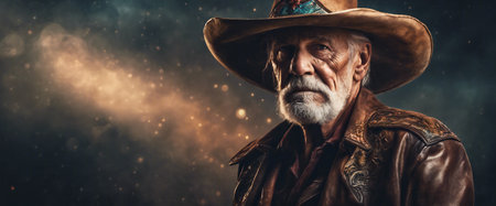 Old cowboy. Close-up of an elderly man in a cowboy hat. Heroic image of a man. Empty space for your text. Fictional plot. AI generatedの素材