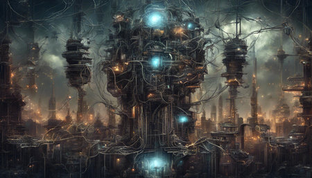 Artificial intelligence. Artificial brain with neuronets Ski-fi concept. Futuristic landscape. Fantastic illustration. AI generatedの素材