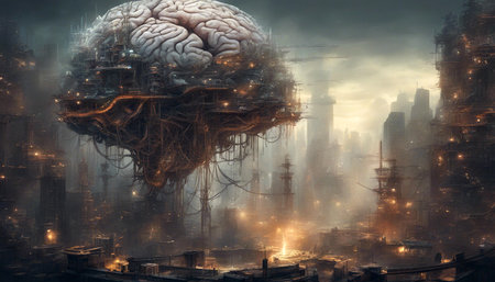 Artificial intelligence. Artificial brain. Futuristic landscape. Science laboratory. Fantastic illustration. Ski-fi concept. AI generatedの素材