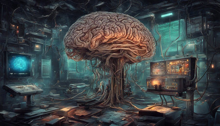 Artificial intelligence. Artificial brain. Futuristic landscape. Fantastic illustration. Science laboratory. Ski-fi concept. AI generatedの素材