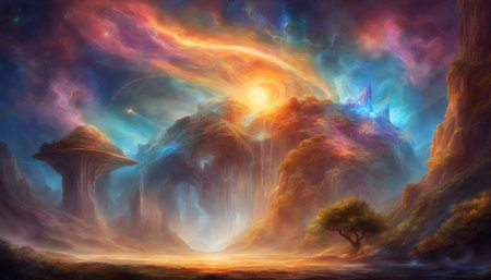 Fantastic alien landscape. Ski-fi landscape. Artificial intelligence. Futuristic artificial brain with neuronets. AI generatedの素材