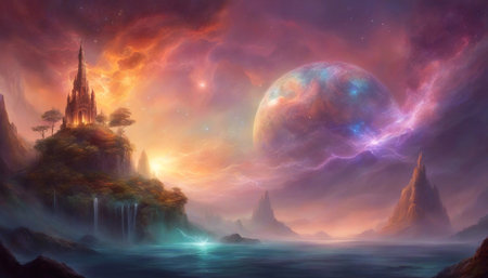 Ski-fi futuristic landscape. Space landscape Artificial intelligence. Artificial brain with neurons. AI generatedの素材