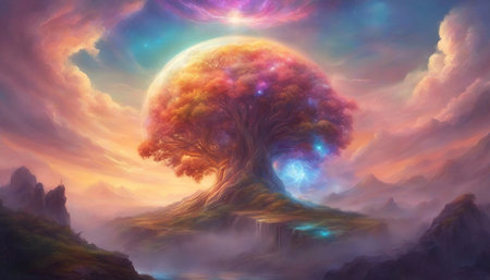 Ski-fi futuristic landscape. An alien landscape. Artificial intelligence. Artificial brain with neural networks. AI generatedの素材