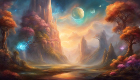 Ski-fi futuristic landscape. Alien landscape. Artificial intelligence. Artificial brain with neurons. AI generatedの素材