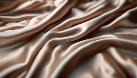Fabric texture. Shiny silk. Folds of beige silk fabric. Soft focus. AI generatedの素材