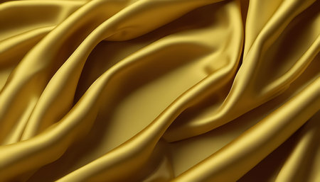 Fabric texture. Shiny yellow silk. Folds of silk cloth. Soft focus. AI generatedの素材