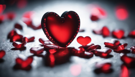 Red heart. Glass heart on a creative black background. Bokeh effect. Soft focus. AI generatedの素材