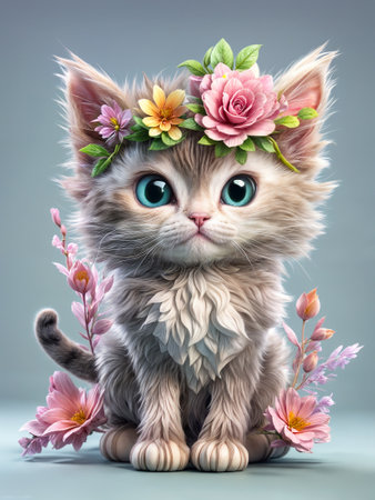 Cat with flowers. Portrait of a fluffy kitten in a gray floral design. Cute cat on a postcard. AI generatedの素材