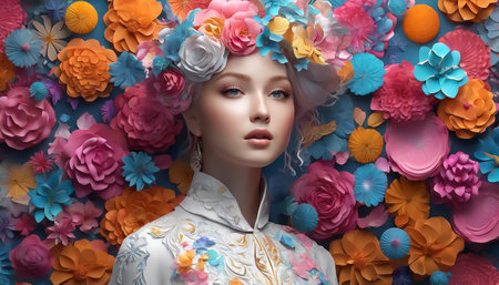 Young woman wearing flowers. Portrait of a lovely woman. Fantasy collage. Made up scene. AI generatedの素材