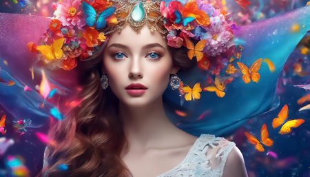 Lovely young woman in flowers. Fantasy floral collage. Made up scene. AI generatedの素材