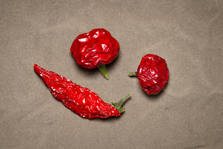 Hot pepper. Pepper mix. Dry hot peppers stacked on fabric background. Top view. Selective soft focusの写真素材