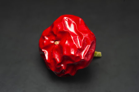 Hot red pepper. Dry hot pepper on dark background. Top view. Selective soft focusの写真素材