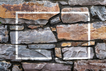 Stone wall. Stone wall texture mockup. Frame stone wall. Natural background. Soft focusの写真素材