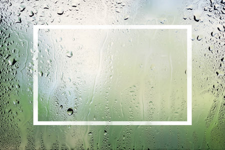Raindrops on the window. Water drops on glass. Abstract background. Green natural landscape. Texture of drops. Soft focusの写真素材