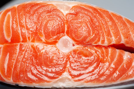 Fresh salmon. Fresh steak salmon close-up. Selective soft focusの写真素材