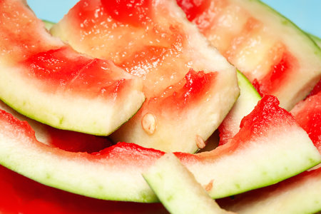 Watermelon rinds. Close-up of cut watermelon rind. Soft focusの写真素材