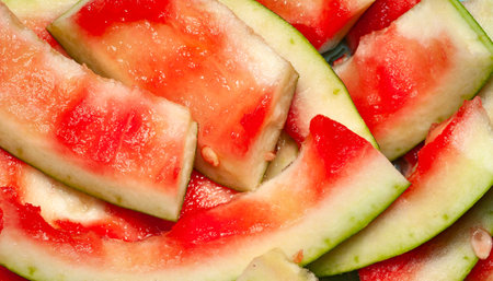 Watermelon peels. Close-up of cut watermelon rind. Soft focusの写真素材