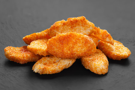 Fried croutons. Heap of croutons on a dark backgroundの写真素材
