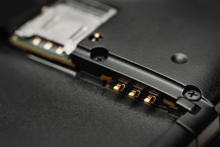 Disassembled smartphone. Macro photo of the disassembled gadget with connectors for SIM cards and battery. Selective soft focusの写真素材
