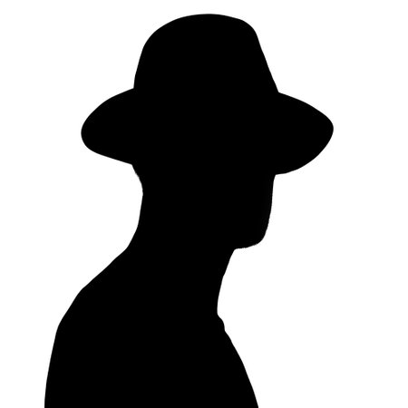 Silhouette of an adult man. Male avatar. Icon for social networks. Portrait with a hat. Silhouette isolated on white backgroundの写真素材