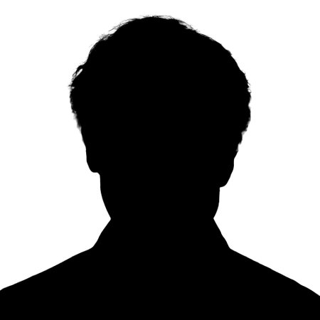 Silhouette of an adult man. Male avatar. Social media icon. Portrait with a tousled hairstyle. Silhouette isolated on white backgroundの写真素材