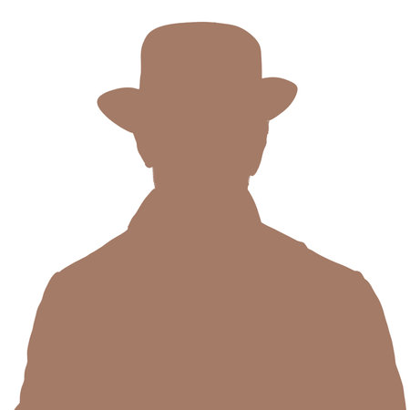 Silhouette of an adult man. Male avatar. Social media icon. Portrait with a hat. Silhouette isolated on white backgroundの写真素材