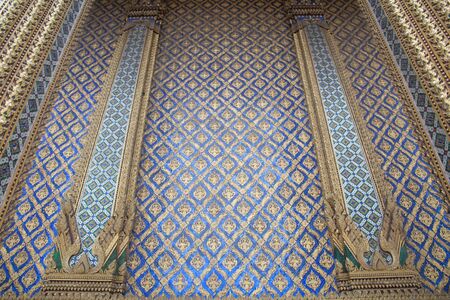 Thai classic pattern named Theppanom, the art decoration on Thai temple wall background, Wat Phra Phutthabat, Saraburi, Thailandの写真素材