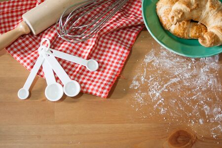 Croissants baked on wood backgroundの写真素材