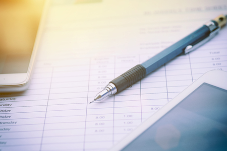 Balance sheet ,pencil,  Accounting , accounts concept. top view, above view.の写真素材