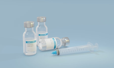 Vials with virus vaccine and syringe on light background. Space for text.