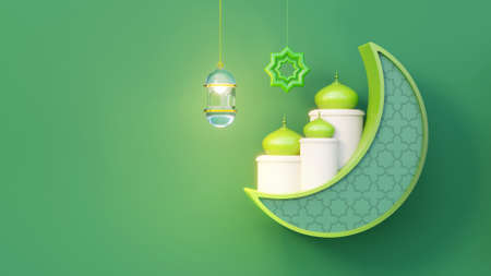 Crescent Moon With Islamic Lantern and Ornamentsの写真素材