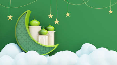 Crescent Moon Above Clouds with Hanging Stars and Islamic Ornaments. 3d illustrationの写真素材