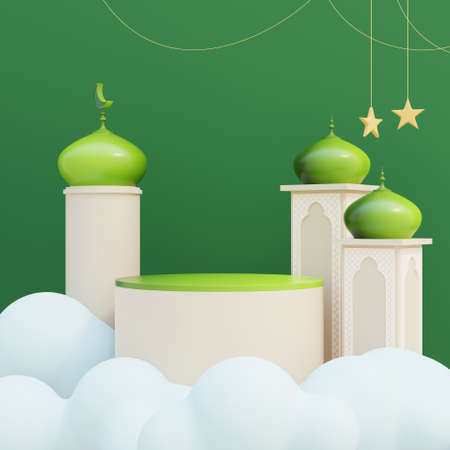 Islamic podium display with mosque decorations on the cloudsの写真素材