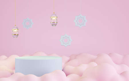 Podium with pink cloud background, islamic decoration, 3D illustrationの写真素材