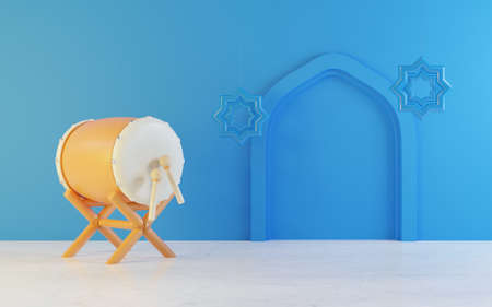 Ramadan Background with bedug drum, blue background, copy space text area, 3D illustrationの写真素材
