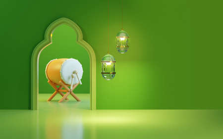 Ramadan Background with bedug drum, glass lantern, green background, copy space text area, 3D illustrationの写真素材