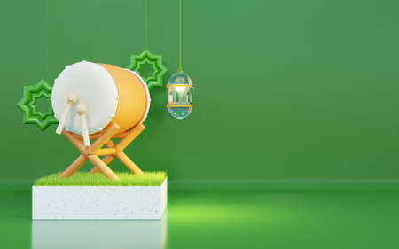 Ramadan Background with bedug drum, glass lantern, grass, green background, copy space text area, 3D illustrationの写真素材
