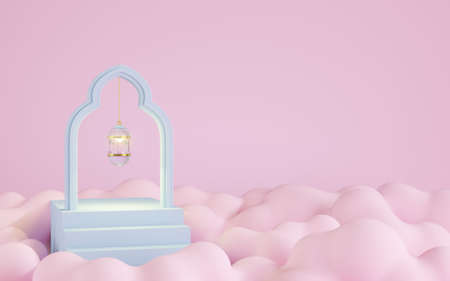 Glass lanterns on a pink cloud , pink background, 3D illustrationの写真素材