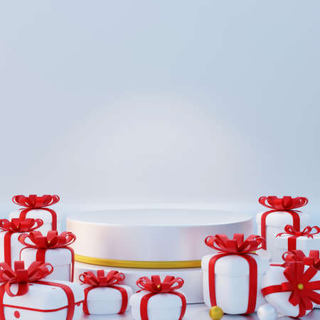 Podium with various gift boxesの写真素材