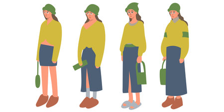 Vector illustration of a woman in a green jacket with a bag.のイラスト素材